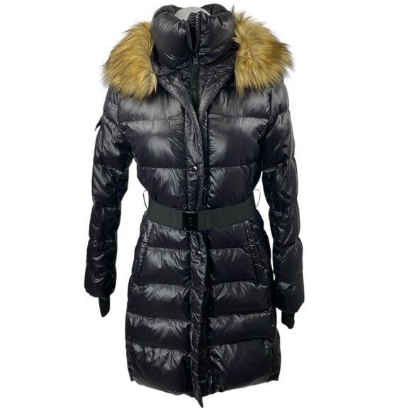 S13 Chalet Women's Black Faux Fur Belted Zip Up Hooded Down Puffer Coat Jacket S - Picture 1 of 5